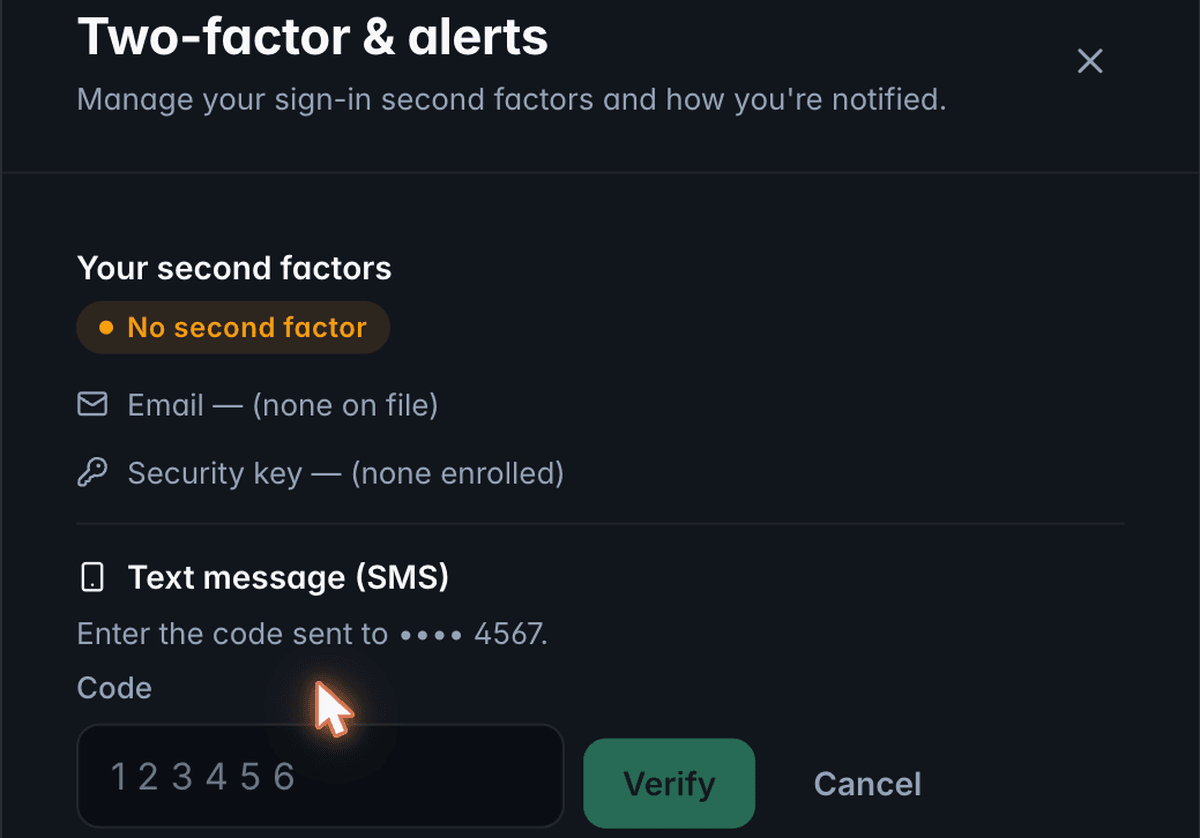 Account settings showing a one-time verification code entry field after a code was texted to the staff member's phone