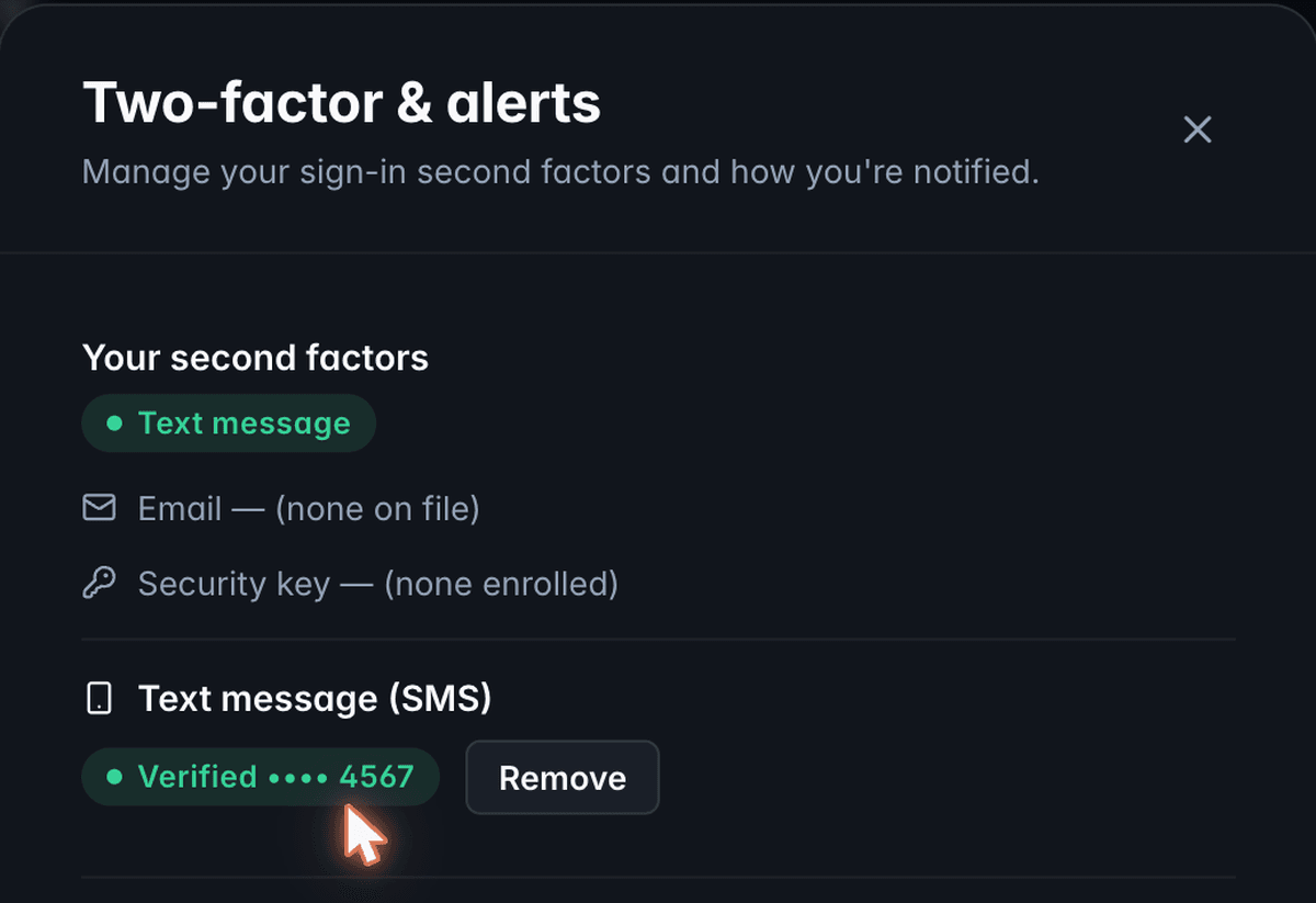 Account settings showing the phone number as verified and text-message two-factor authentication turned on